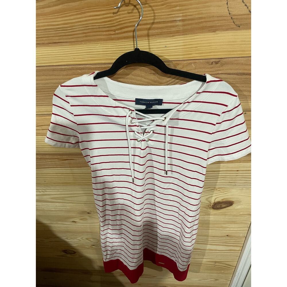 Tommy Hilfiger Red White Stripe Lace-Up T-Shirt Dress Coastal Nautical, Small - Picture 6 of 8